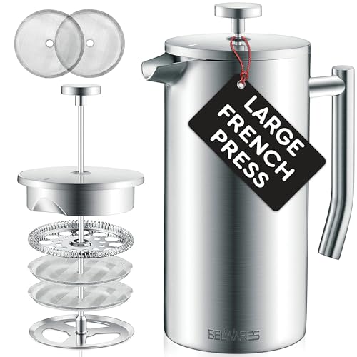 Belwares French Press Coffee Maker 50 OZ - Large Insulated Stainless Steel 304 Coffee Press with Double Wall & 4-Level Filtration System (Black - 1.5L)