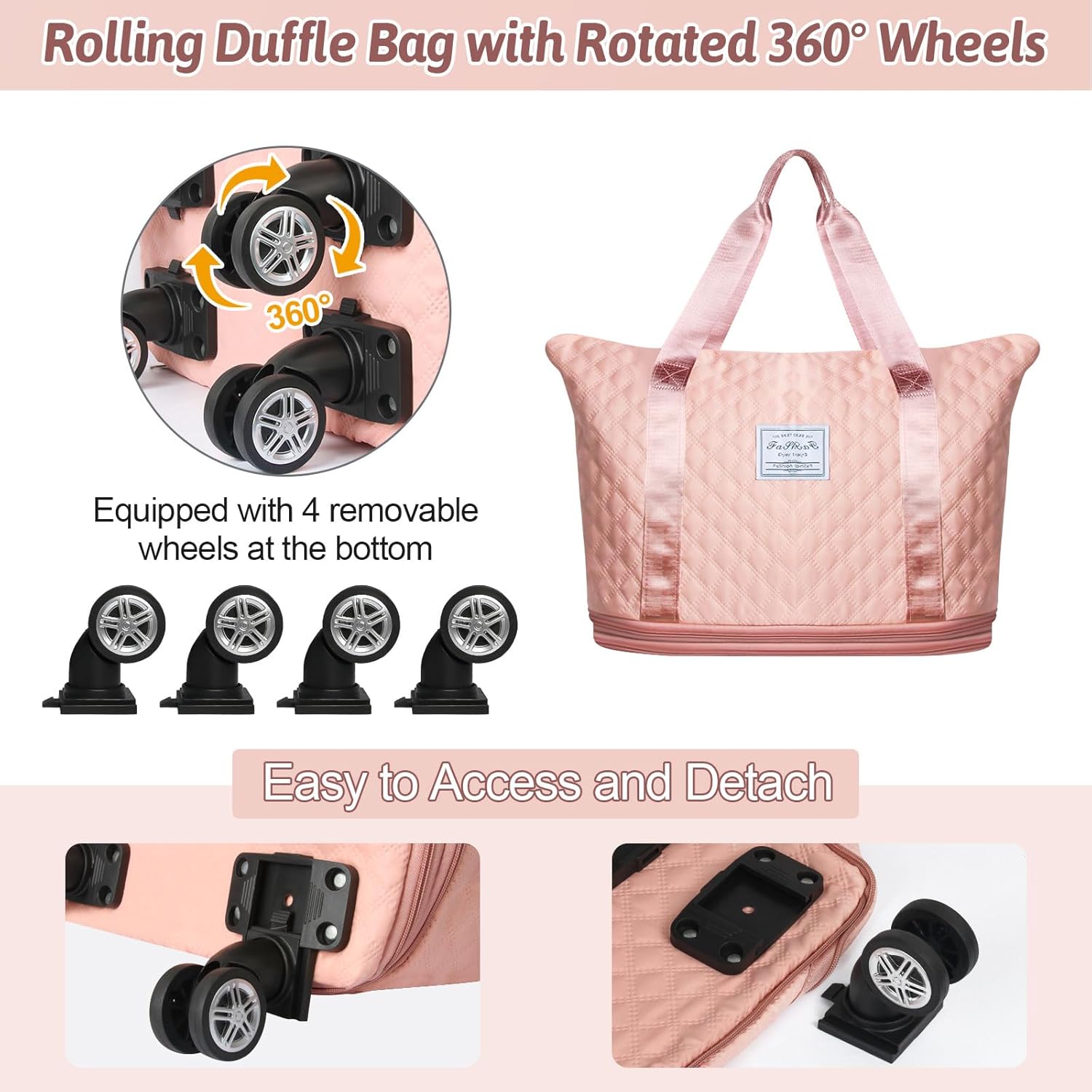 Rolling Duffle Bag with Wheels and Handle, Expandable Travel Duffel Bag Luggage Bag, Foldable Travel Bag with Wheels Rolling Carry on Duffle Bag, Large Wheeled Duffle Bag Luggage, Pink