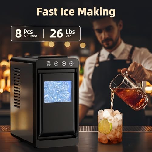 Antarctic Star Ice Maker Countertop, Portable Ice Machine with Carry Handle, 26Lbs Per Day, 9 Cubes Ready in 6 Mins, Self-Cleaning Ice Makers with Ice Scoop and Basket for Kitchen/Office/Party (Black)