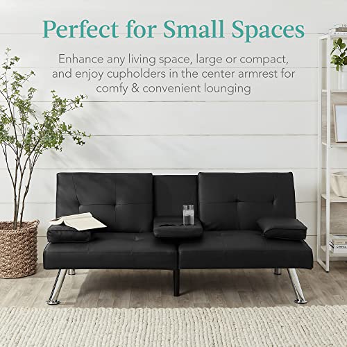 Best Choice Products Faux Leather Upholstered Modern Convertible Futon, Adjustable Folding Sofa Bed, Guest Bed w/Removable Armrests - Blue