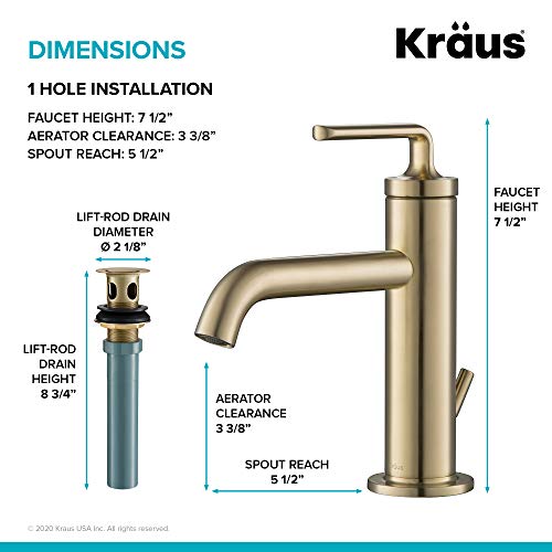 KRAUS Ramus Single Handle Vessel Sink Bathroom Faucet with Pop-Up Drain in Brushed Gold, KVF-1220BG