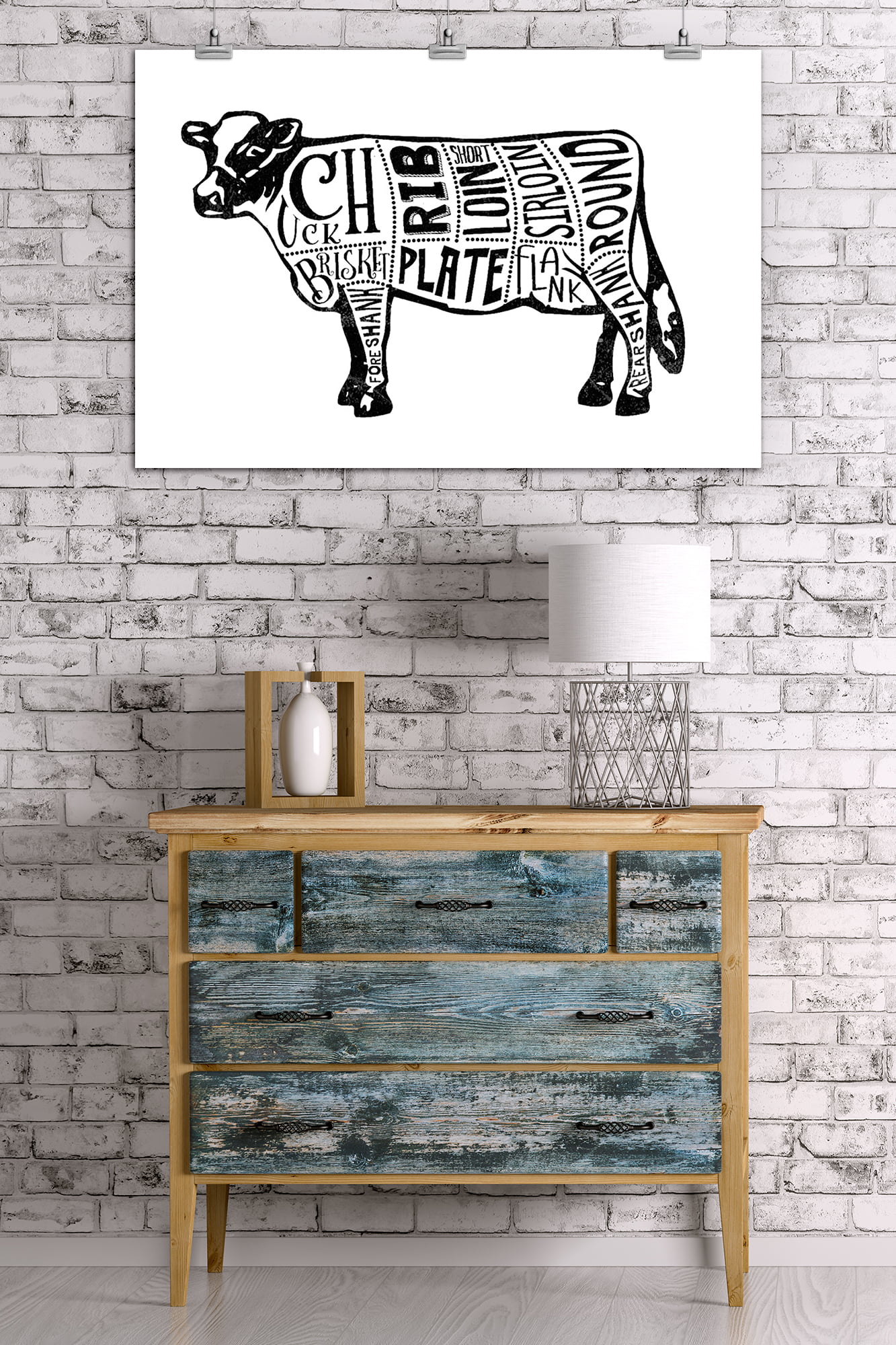 Beef, Butchers Block Meat Cuts, Black Cow on White