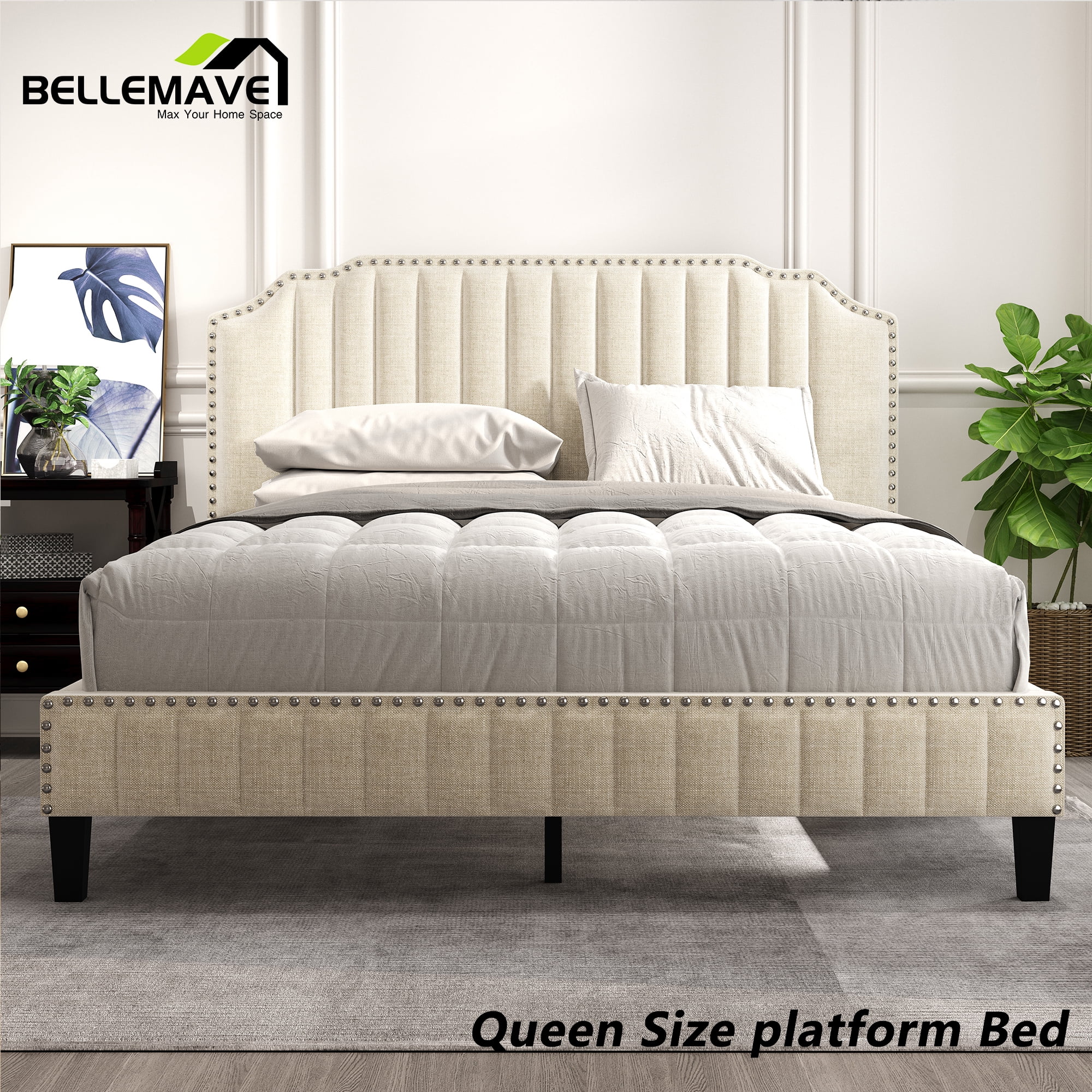 Bellemave Linen Upholstered Platform Bed Frame Queen Size, Queen Bed Frame with Headboard and Nailhead Trim, Modern Platform Bed Frame with Solid Rubber Legs, No Box Spring Needed(Cream&nbsp;)
