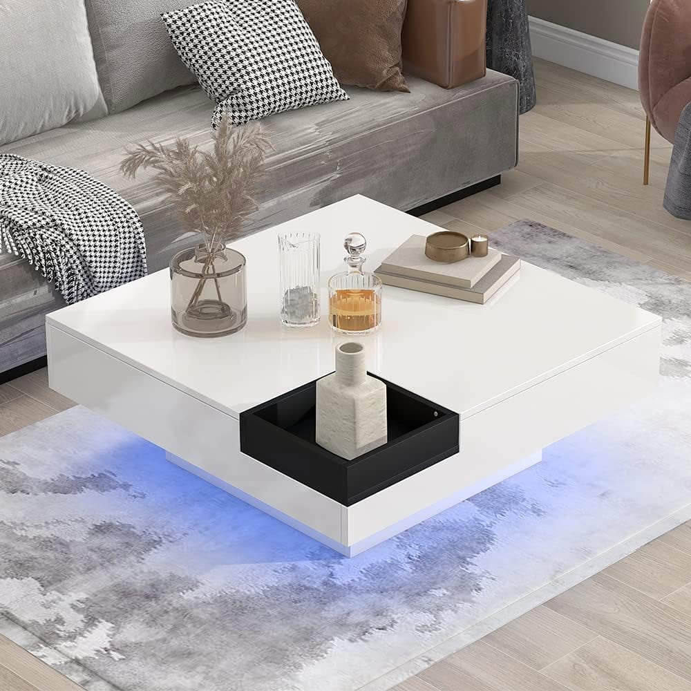 Modern Square LED Coffee Table Cocktail Table With 16 Colors,White/Black Coffee Table With Detachable Tray And Control For Living Room Bedroom