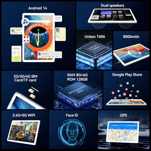 Tablet 10 inch Android 14 Tablets 2025 Latest Octa-Core Tableta, Dual 4G Cellular Tablet with 128GB+14GB+1TB Expand, 5G WiFi Android Tablets with Keyboard, 8000mAh, GPS, 13+8MP Camera, Full HD Display