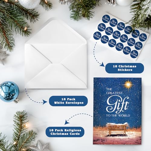 Religious Christmas Cards- Boxed Christmas Cards with Envelopes & Stickers- Bulk New Years Inspirational Cards- Pack of 18 （Greatest Gift）