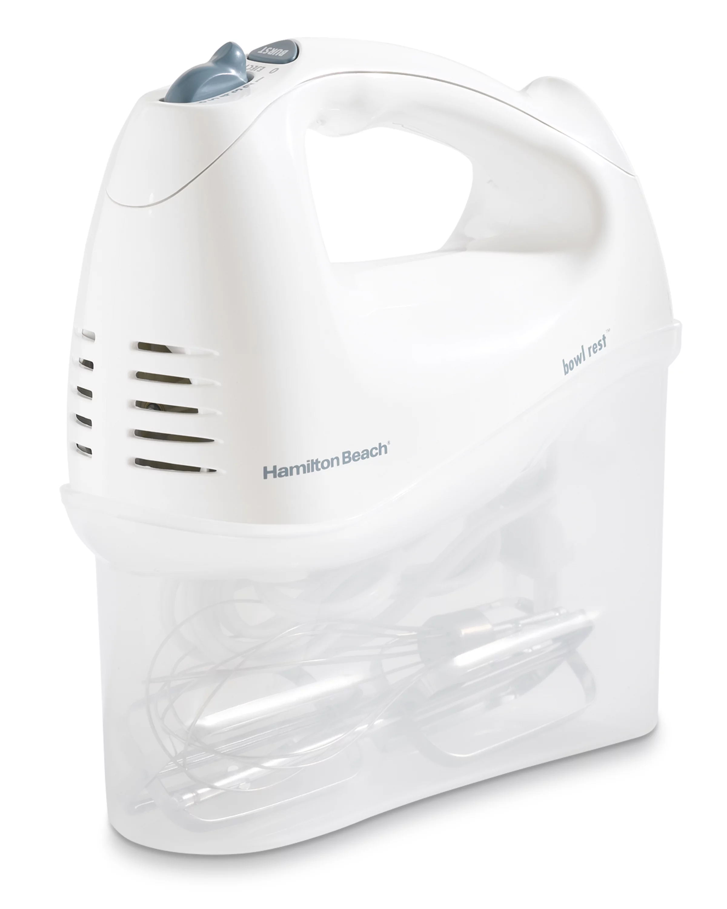 Hamilton Beach 6 Speed Electric Hand Mixer with Whisk, Traditional Beaters, Snap-On Case, 250 Watts, White, 62682
