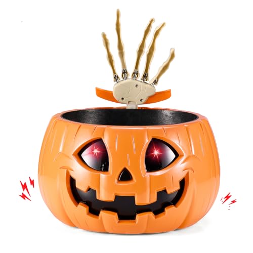 Halloween Candy Bowl Animated Pumpkin Candy Holder with Moving Skeleton Hand Creepy Sound and Red Eyes for Halloween Decorations Indoors and Trick or Treats