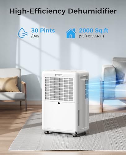 2000 Sq.ft Dehumidifier for Basement, Trazico 30 Pint Dehumidifiers for Home Large Room Bedroom Bathroom with Drain Hose, Intelligent Humidity Control, 3 Modes, 24H Timer, Auto Defrost, White