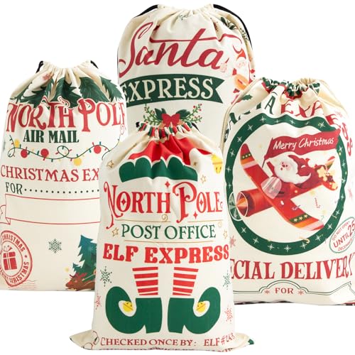 ceiba tree 4-Pack Large Christmas Canvas Gift Bags with Drawstring, Reusable Santa Sacks for Holiday Presents and Party Supplies