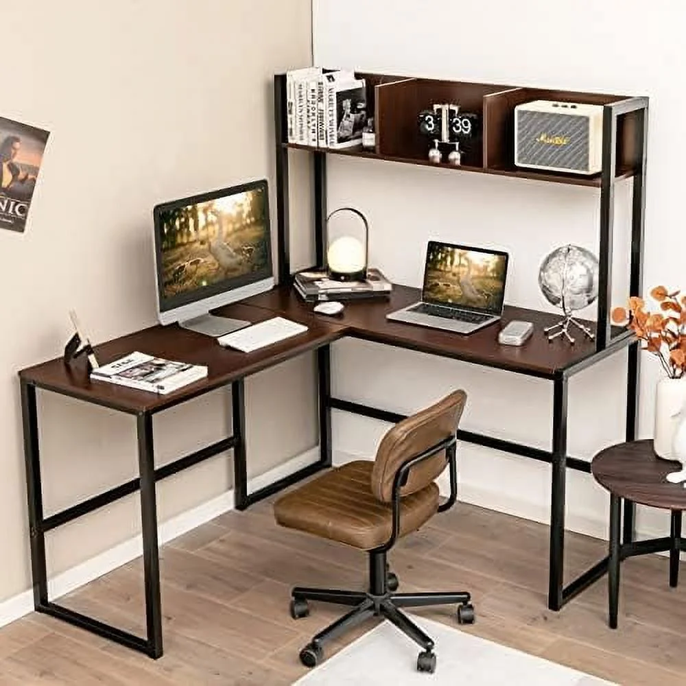 Reversible L-Shaped Desk with Hutch  Space Saving Corner Computer Desk with  Shelves   Office Study Writing Desk Computer Workstation with  Bookshelf  Gaming Desk