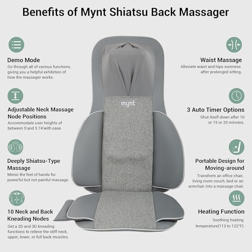 Mynt FSA HSA Eligible 3D Shiatsu Neck and Back Massager for Chair with 10 Deep Kneading Nodes, Back Massage with Heat, Portable Spot Massage Chair Pad (Black)