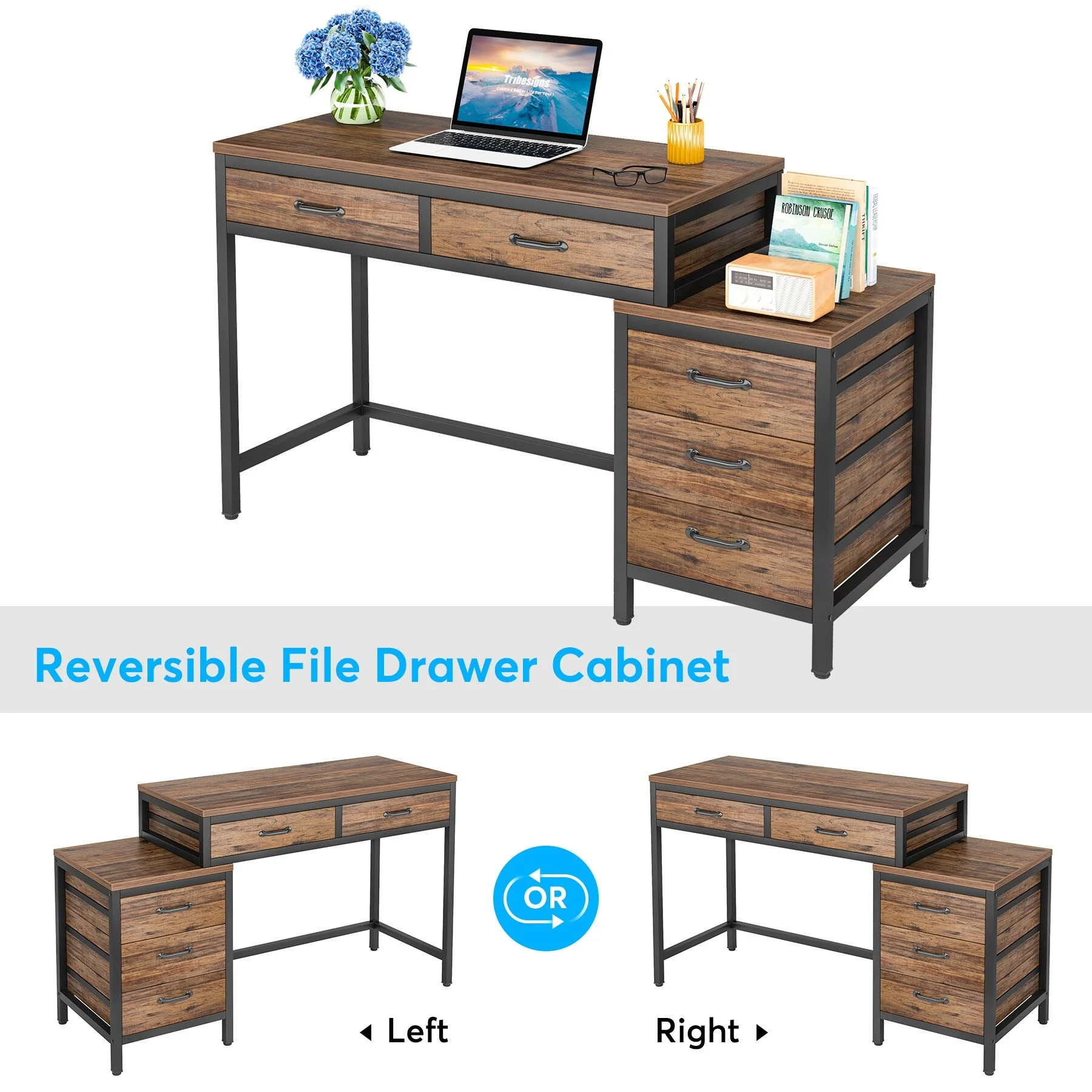 Reversible Computer Desk with 5 Drawers, Home Office Desk with File Cabinet Drawer Printer Stand Rustic Brownn