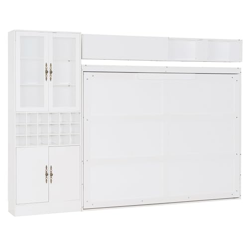 P PURLOVE Queen Murphy Bed with Sofa and Shelves, Wooden Wall Bed with USB and Light, No Box Spring Needed (White)