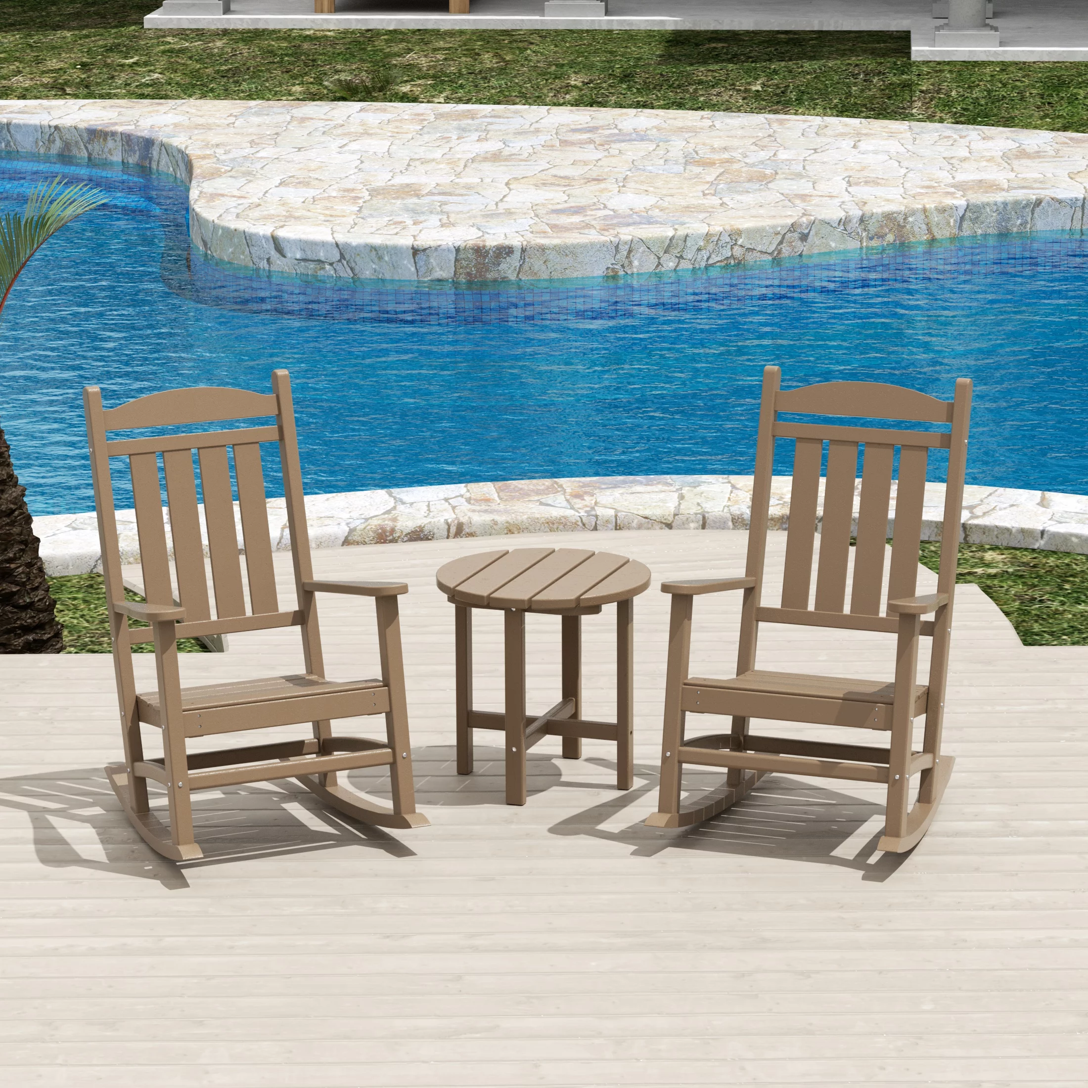 WestinTrends Malibu Classic 3 Piece Outdoor Rocking Chairs Set, All Weather Poly Lumber Adirondack Rocker Bistro Set Patio Deck Porch Chairs Set of 2 with Side Table, Weathered Wood