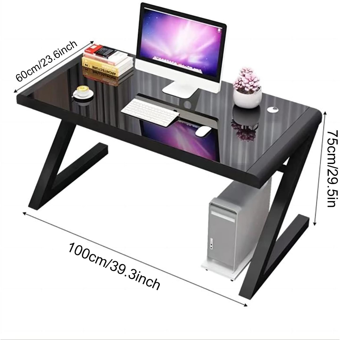 Modern Z-Shape Computer Desk with Keyboard Tray Tempered Glass Large Office Desk Study Writing Desk Easy to Install Computer Workstation for Home Office(White,39.3 * 23.6'')