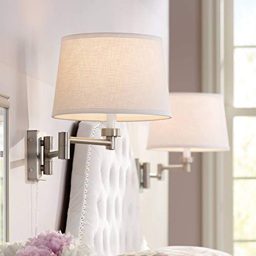 Possini Euro Design Modern Indoor Swing Arm Wall Lamp Brushed Nickel Plug-in Light Fixture Dimmable White Linen Tapered Drum Shade for Bedroom Bedside House Reading Living Room Home Hallway Dining