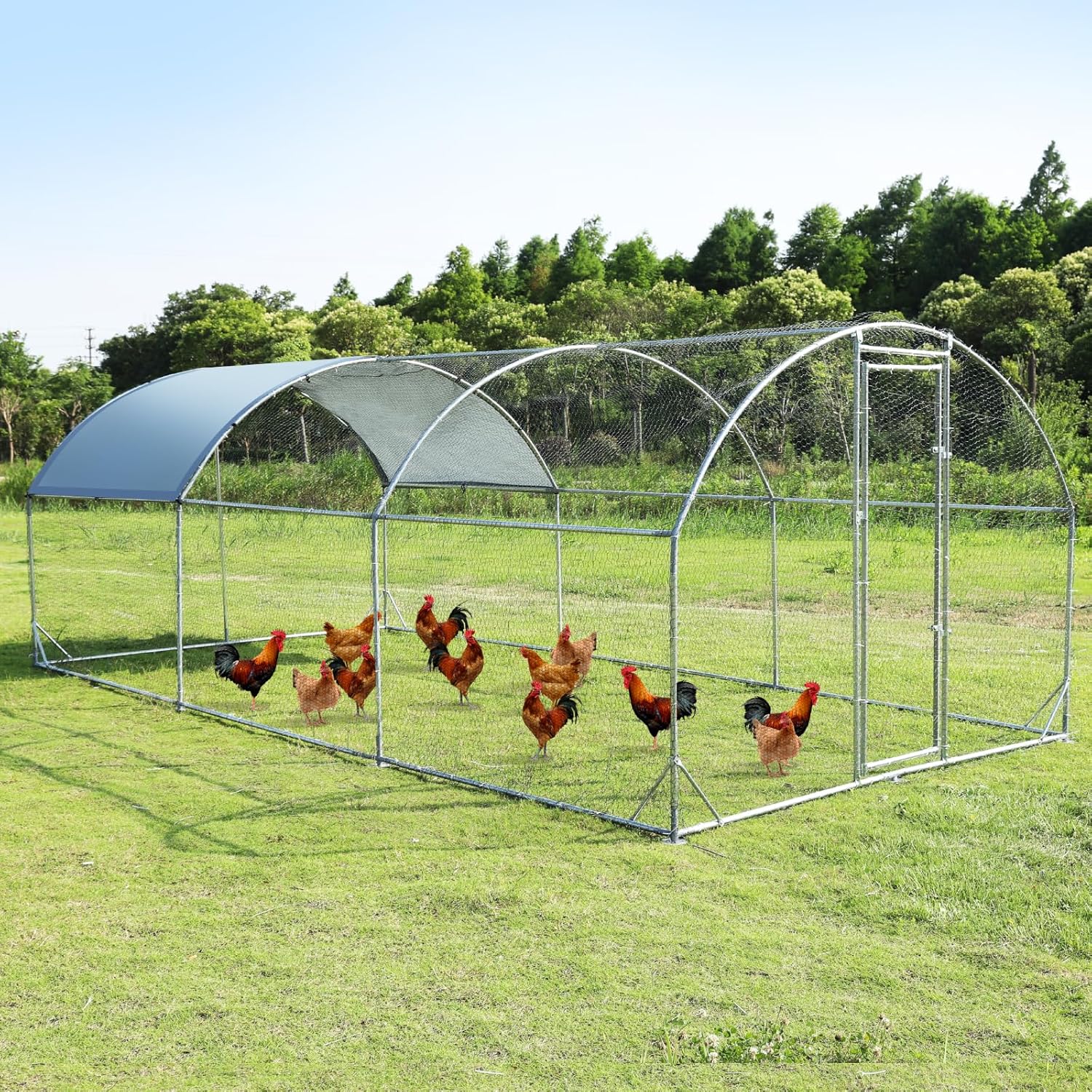 Large Metal Chicken Coop Walk-in Poultry Cage Chicken Run Pen Dog Kennel Duck House with Waterproof and Anti-Ultraviolet Cover for Outdoor Farm Use(9.2'W x 12.5'L x 6.5'H)
