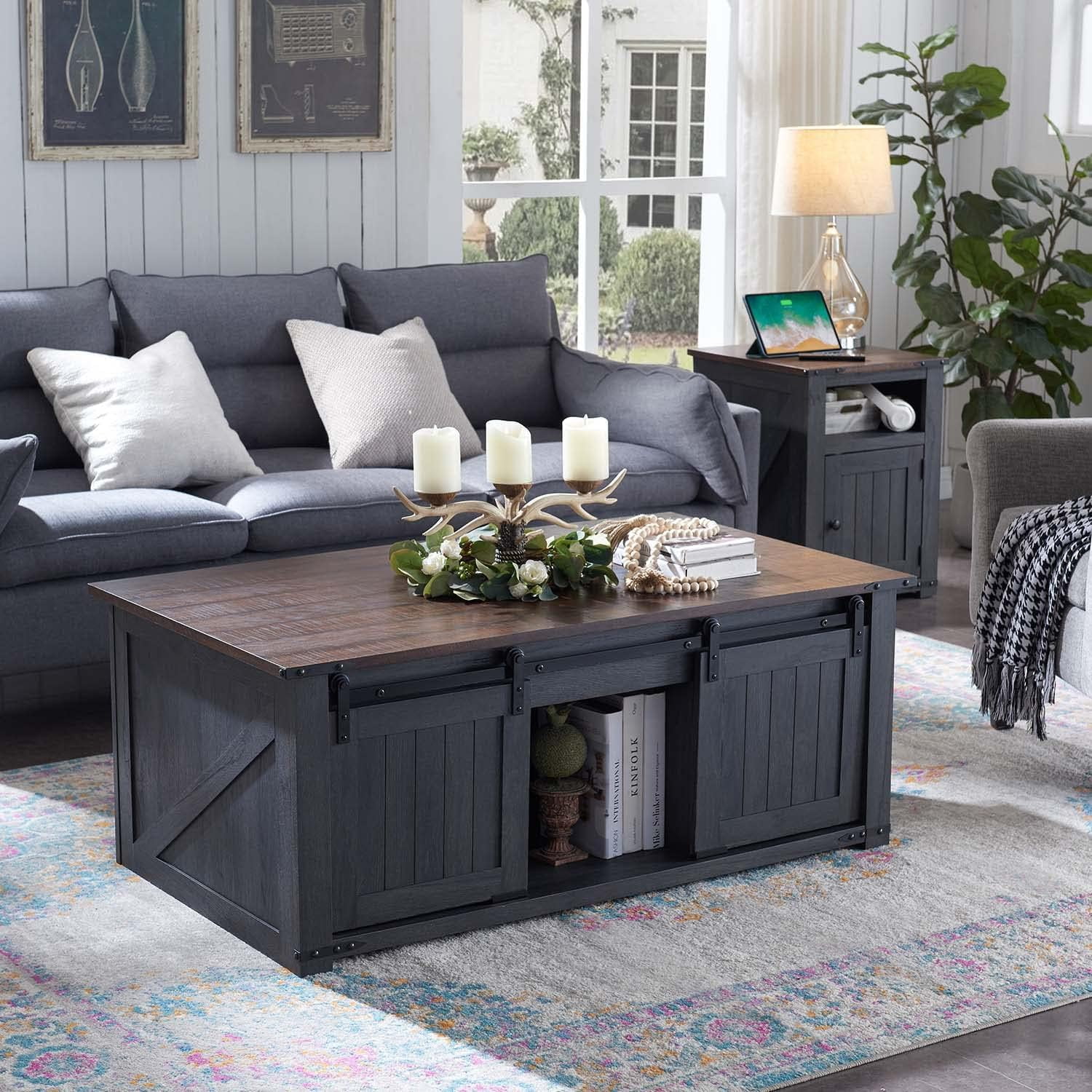 RUNFAYBIU Coffee Table  48" Lift Top Coffee Table with  & Sliding Groove Barn Door  Farmhouse Coffee Table Rustic Cocktail Table with Hinged Lift Top for Living Room  Dark Gery