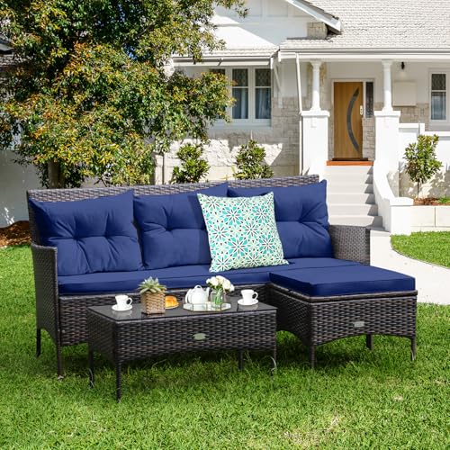 Tangkula 3 Pieces Patio Conversation Set, Outdoor PE Rattan Wicker Furniture Set W/Cozy Cushions, All Weather Sectional Sofa Set W/Tempered Glass Coffee Table for Poolside, Backyard, Garden