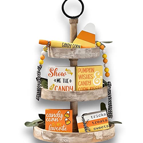 7 Pcs Candy Corn Themed Tiered Tray Decor Set, Halloween Themed Decor Bundle For Tier Tray, Halloween Tiered Tray Decorations, Seasonal Tier Tray Decor