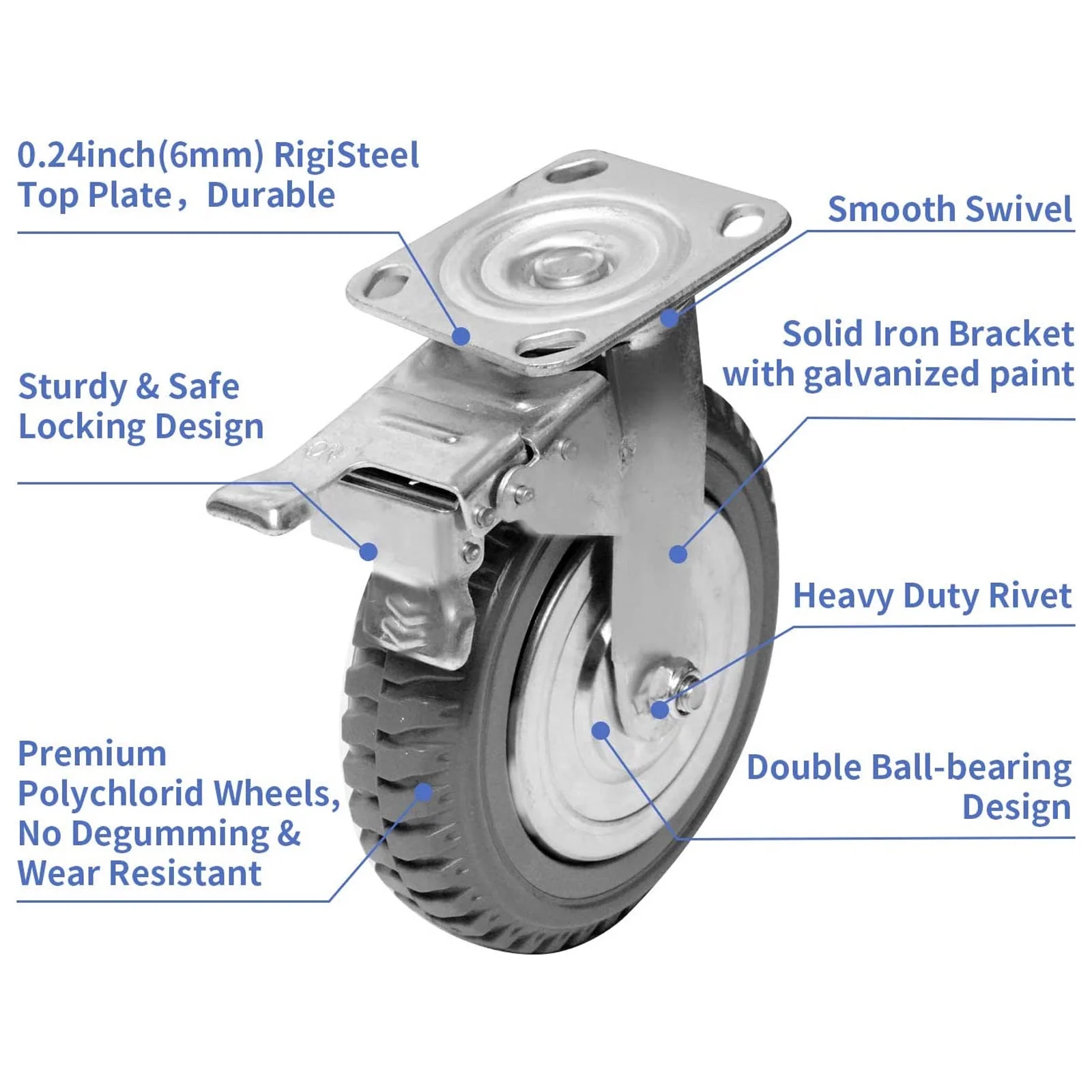 tonchean 4 Pack 8'' Caster Wheels, Heavy Duty Anti-Skid Rubber Swivel Casters with 360° Rotation Ball Bearing Silent Top Plate, Grey
