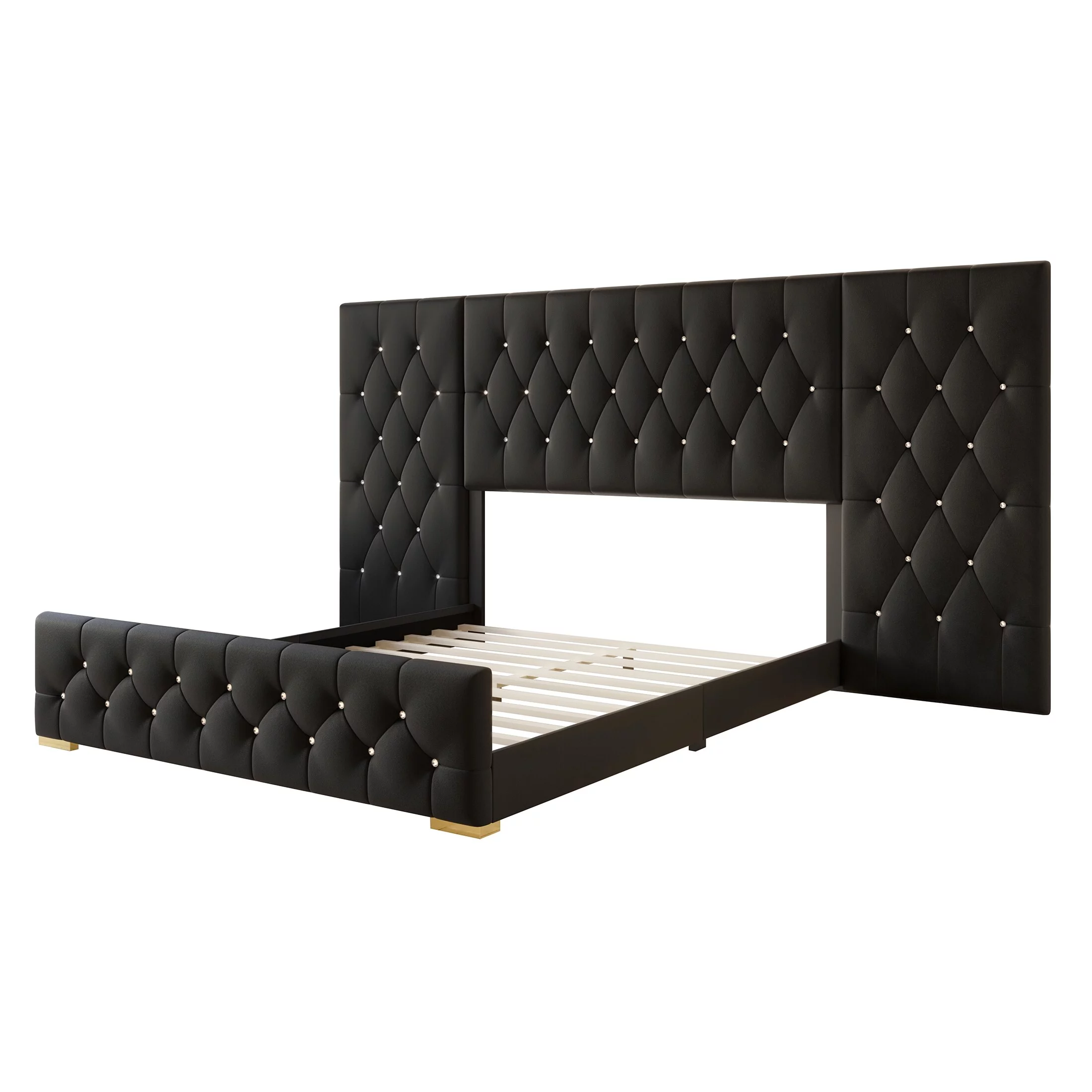 CraftPorch  Luxurious Velvet Tufted Platform Bed with Wall Panels Black - King