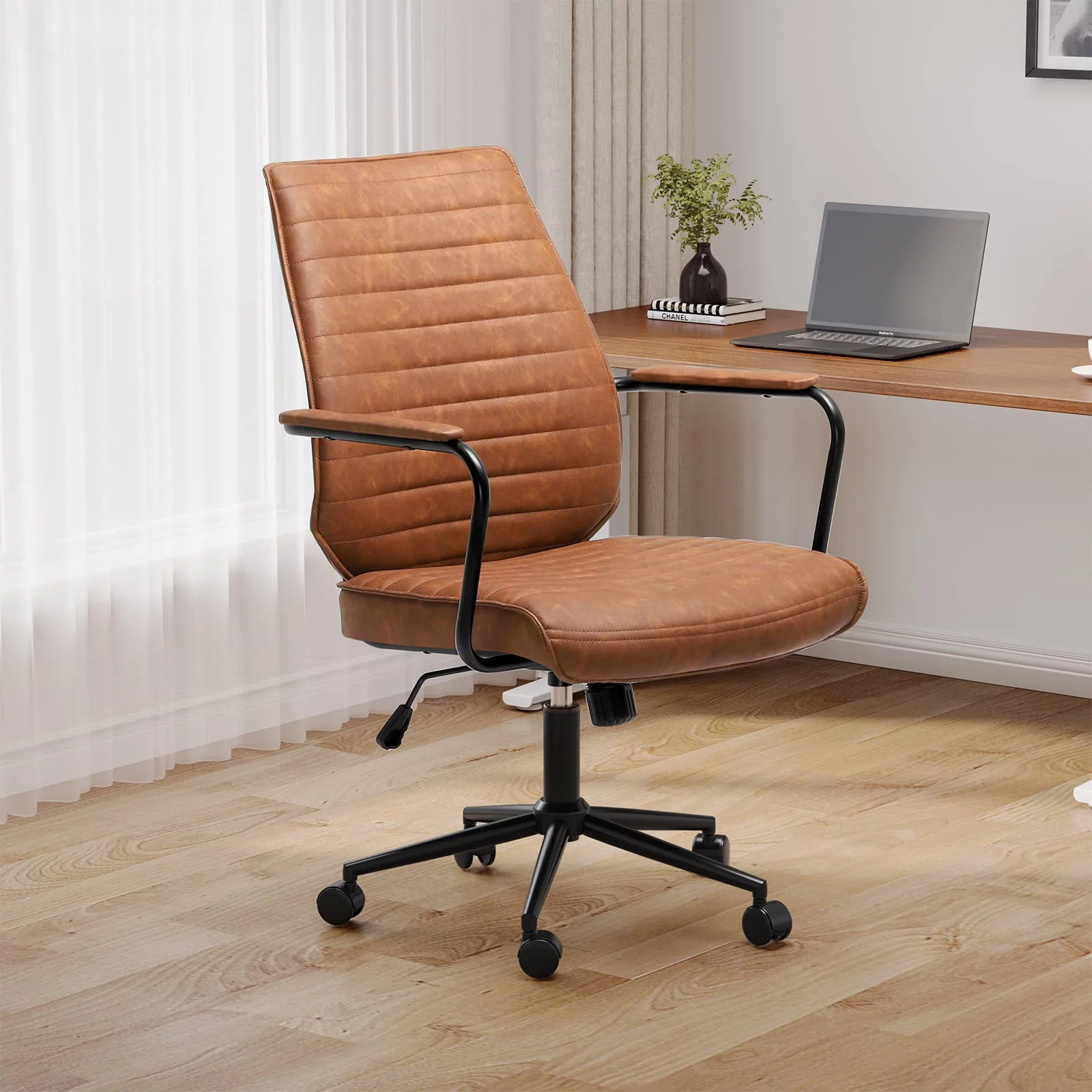 Leather Home Office Chairs Brown Task Desk Chair with Wheels&Armrest,Adjustable Height,Capacity 400lbs