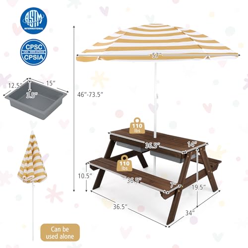KOTEK Kids Picnic Table, 4 in 1 Sand and Water Table w/Detachable Tabletop, 2 Removable Play Boxes, Foldable & Height Adjustable Umbrella, Wood Sensory Table and Bench for Outdoors, Indoors (Natural)