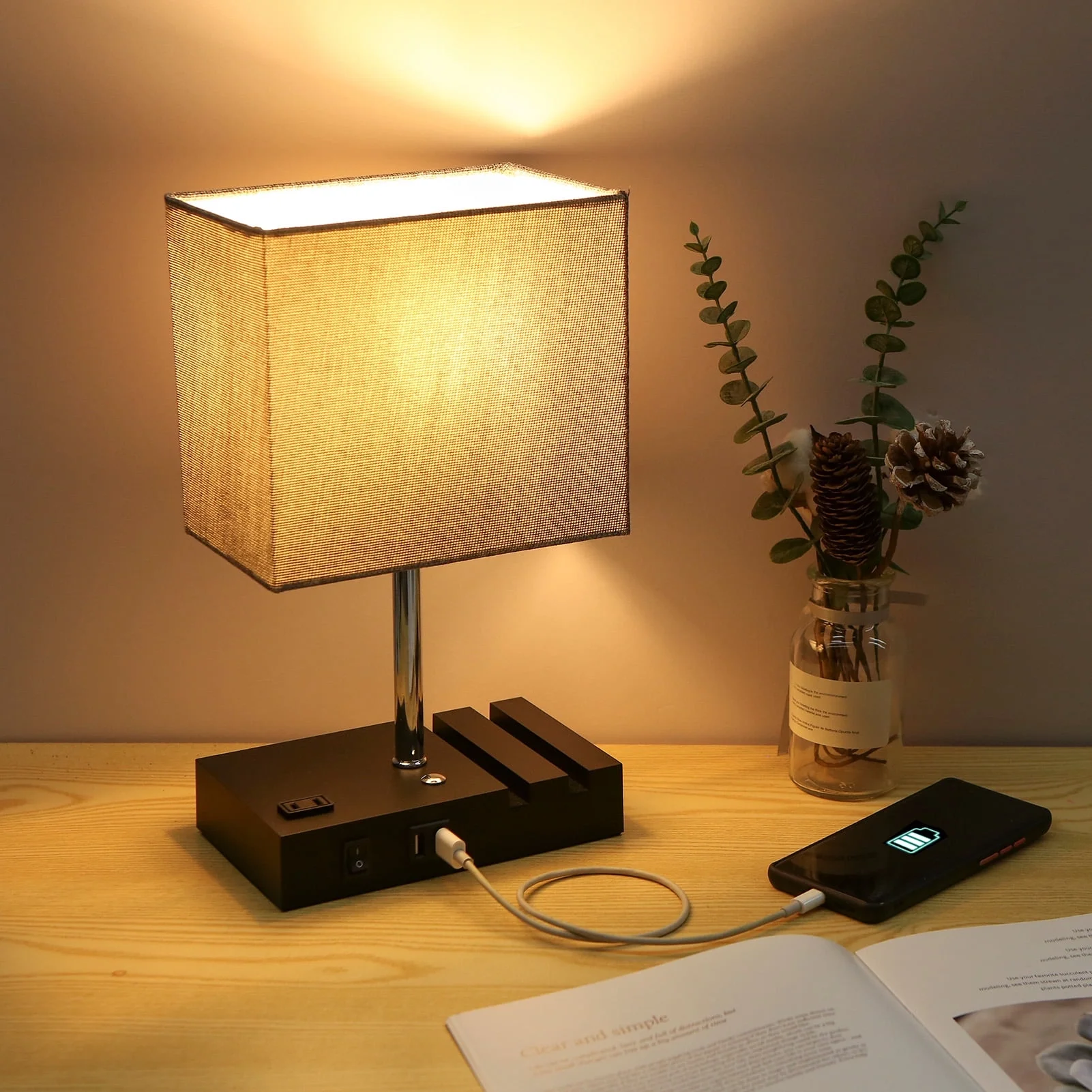 Neoglint Bedside Table Lamp with 2 USB Charging Ports and 2 AC Outlets, Fully Dimmable Nightstand Lamps with 2 Phone Stands, Small Desk Lamp with Fabric Shade for Living Room Bedroom