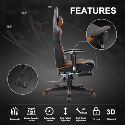 GTRACING Gaming Chair with Footrest, Ergonomic Computer Game Desk Chair, Recline Gaming Chair Seat Height Adjustment, Swivel Rocker with Headrest and Lumbar (Blue)