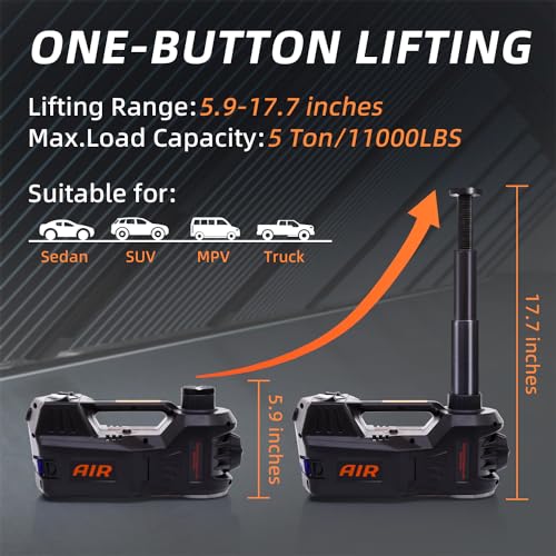 STANDTALL Electric Car Jack Kit 5 Ton 12V Hydraulic Jack Floor Jack with Impact Wrench and Tire Inflator Pump Lift Jack with LED Light for SUV Sedan Truck Road Emergency Tire Change