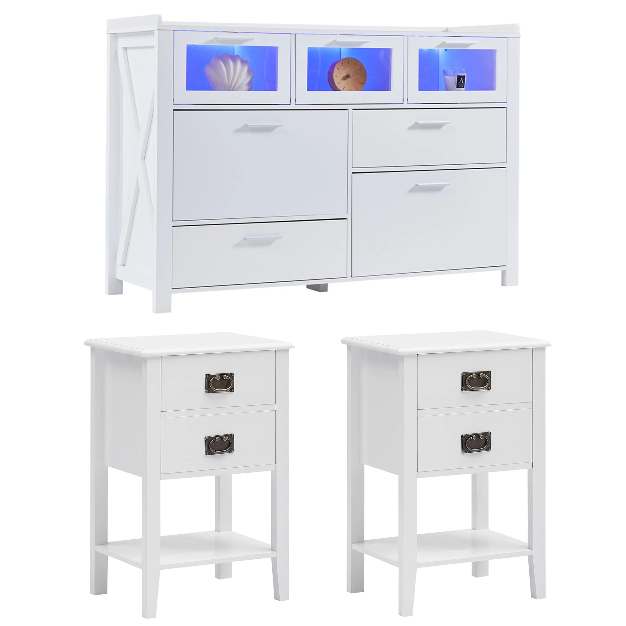 VECELO 3-Piece Modern Bedroom Set with 7 Drawers LED Dresser and 2 Nightstands with 2-Drawer, White