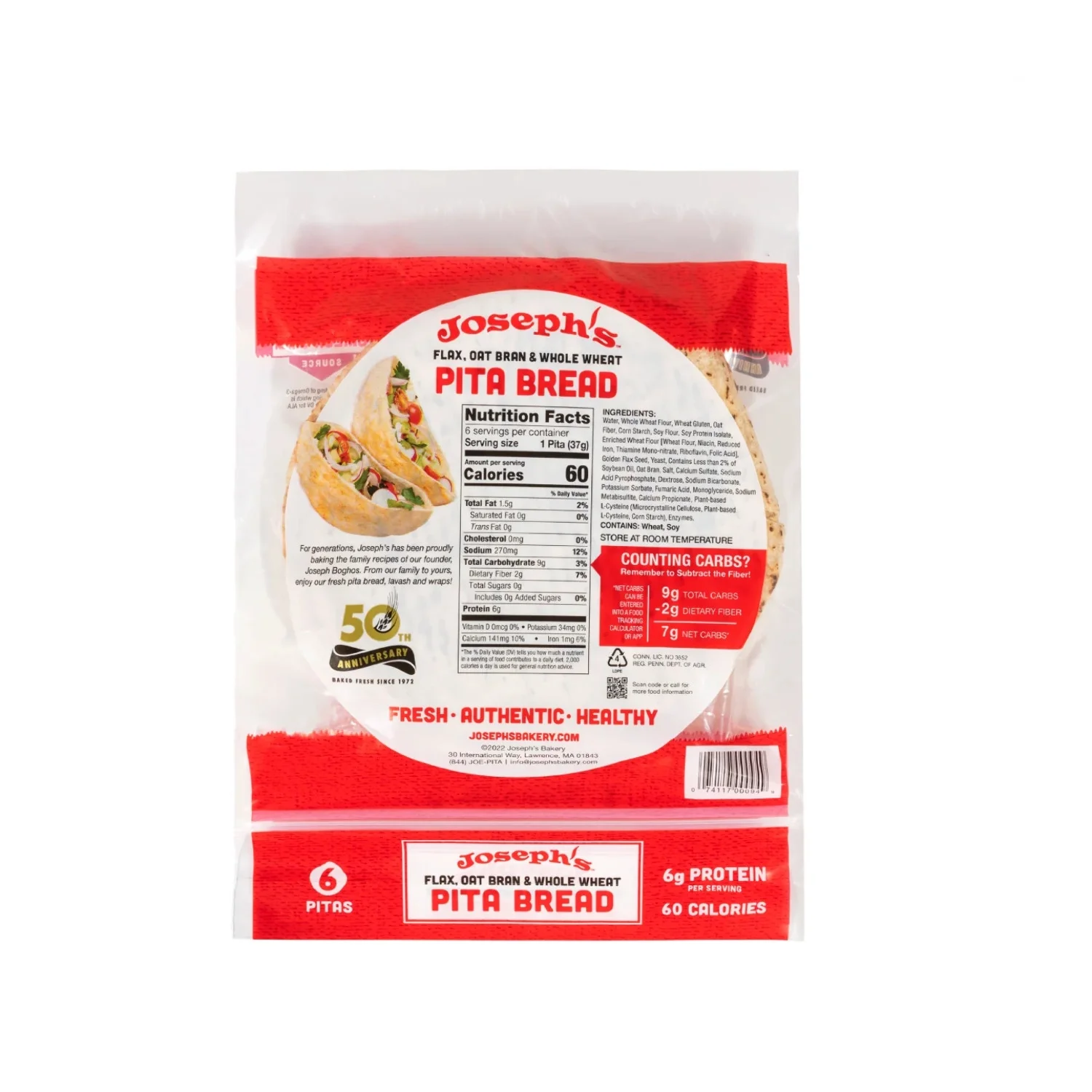 Joseph’s Low Net Carb Flax Pita Bread, 8 oz, 6 Pack, 36 Count