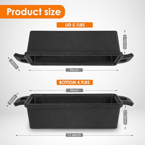 9x5 Inch Cast Iron Loaf Pan with Lid - 2 Piece Set | Even Heat Distribution Bread Baking Pan for Homemade Bread, Cake, Meatloaf| Oven/Stove Safe | Heavy-Duty Non-Stick Pans for Kitchen
