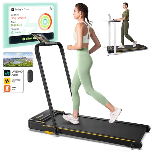 UREVO Strol 2E Smart 2-in-1 Folding Treadmill, Compact Walking Pad with Safety Handle, Plug and Play, Dual LED Display, Workout APP, Walking or Running for Home Office, Remote Included