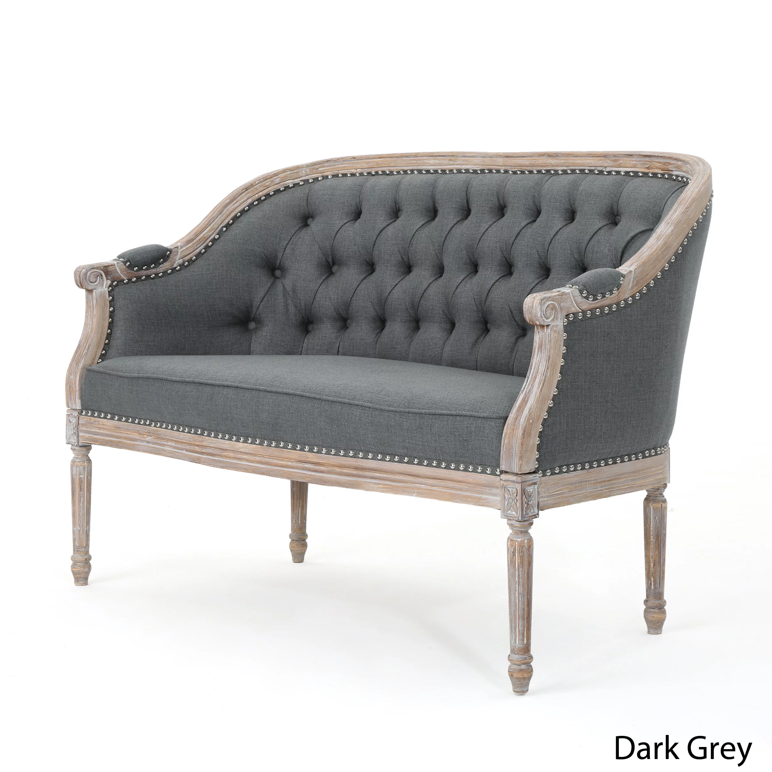 Noble House Sarahbella Fabric Loveseat with Nailhead, Dark Gray