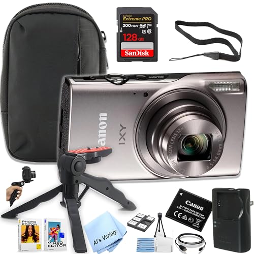 Canon PowerShot IXY 650 (ELPH 360) HS Digital Camera (Silver) + 128GB Extreme PRO Memory + Case, Grip, Software Pack (Essential Bundle) (Renewed), Black