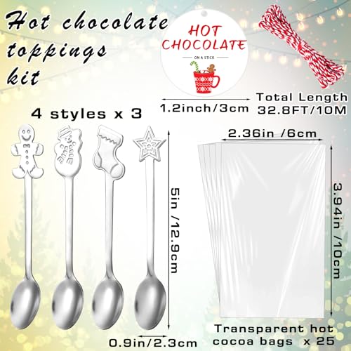 Lasnten 12 Sets Christmas Hot Chocolate Spoons Stainless Steel Tea Coffee Christmas Stirring Spoons Gift and Bag Tag and Rope for Cocoa Bar Supplies