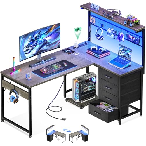 MOTPK L Shaped Gaming Desk with Shelf & 4 Drawers, 43