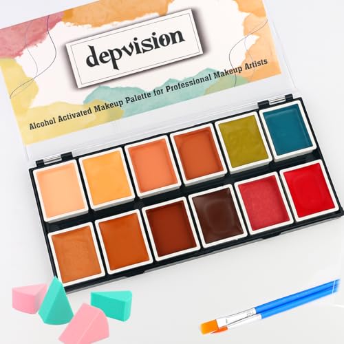 Depvision 12 Color Alcohol Activated Face Paint Flesh Skin Tone SFX Makeup Palette for Special Effects,Waterproof FX Make up for Pro Makeup Artists Cosplay Halloween Theatrical Tattoo Cover