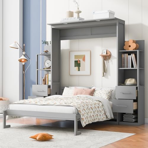 Queen Size Murphy Bed Wall Bed with Shelves,Multifunctional Easy Fold Wood Wall Bed with Drawers and LED Lights for Guest Room Home Office,Space-Saving Murphy Bed Cabinet (Gray-AB91)