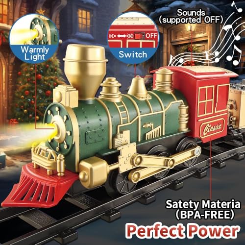Electric Christmas Train Set w/Lights and Sounds, Kids Train for Christmas Tree with 3 Cars & 10 Train Tracks, Toddler Model Train for 3 4 5 6 7 8+ Years Old Boys Christmas Train Toys Gifts