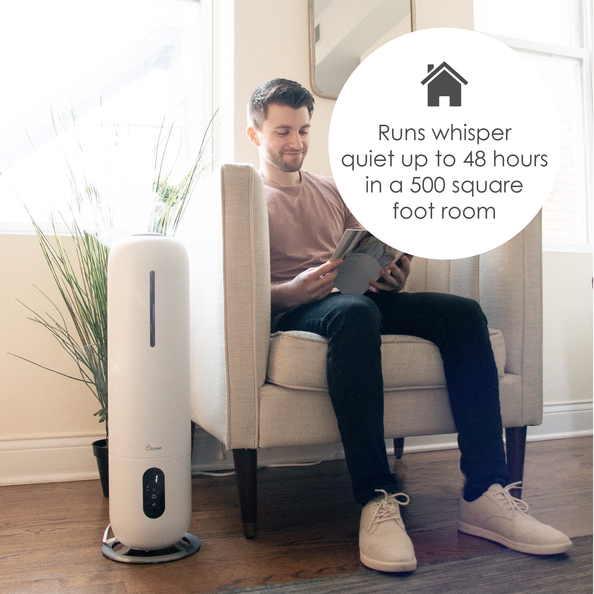 Crane USA Cool Mist Tower Top Fill Humidifier with Remote, 2 Gallons, 500 Sq. ft Coverage, UV Ionizing Light, White