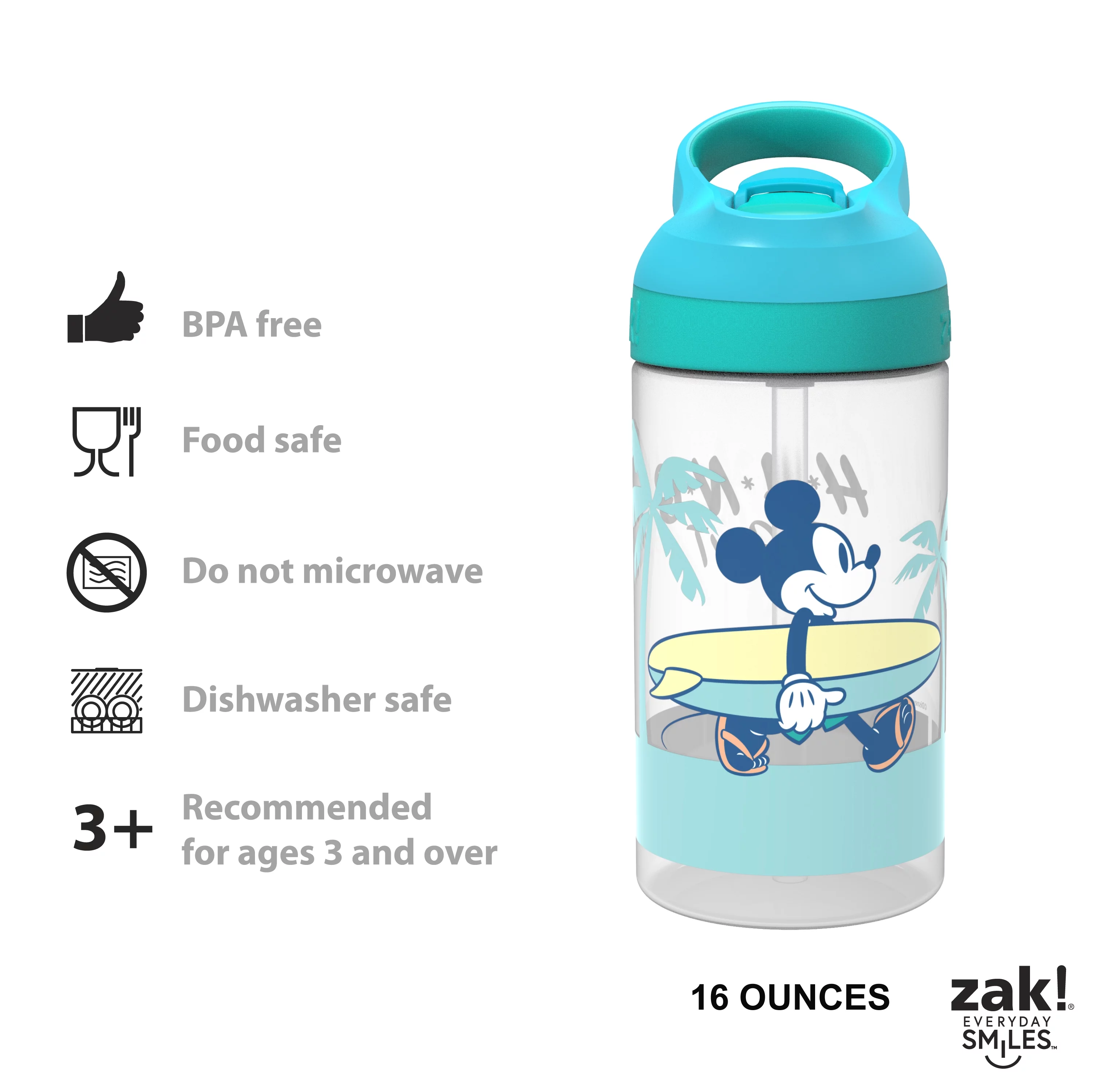Zak Designs 2pc 16 oz Disney Kids Water Bottle Plastic with Flip Straw Spout Cover and Carry Handle, Disney Mickey Mouse Street Beach