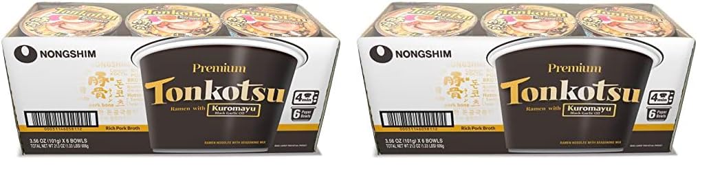 Nongshim Tonkotsu Kuromayu Ramen with Kuromayu Black Garlic Oil, 6 Paper Bowls, Rich Pork Broth, Premium Ramen Noodles Soup Mix (Pack of 2)