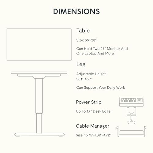 FLEXISPOT EN2 Whole-Piece Standing Desk with Clamp Power Strip, 55 x 28” Electric Stand Up Height Adjustable Desk with Cable Management (Black Frame + 55