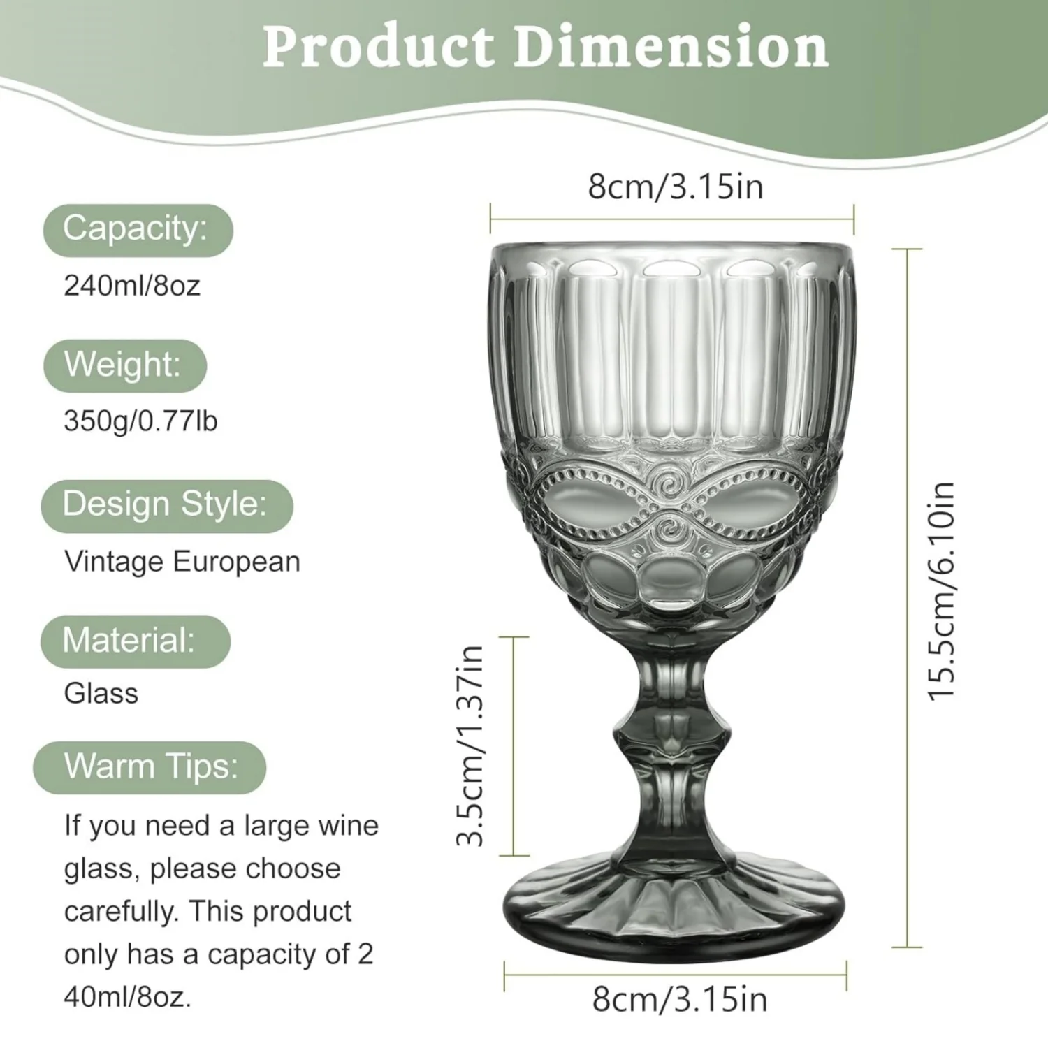 NIERBO Wine Glass Set of 6, 8 Ounce Somke Gray Serpentine Pattern Wine Goblets, Vintage Blue Drinking Glasses for Wedding Party Bar Holidays Anniversary