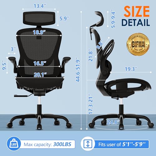 GABRYLLY Ergonomic Mesh Office Chair- White Desk Chair, Flip-Up Armrest, Adjustable Headrest, Tilting with Soft Seat and PU Wheel, Elite Home Desk Chair for Work, Study, Gaming (GY1108)