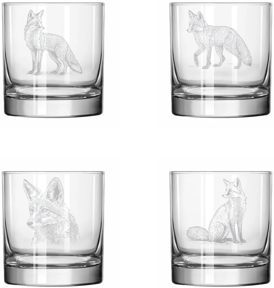 Set of 4 Glass 11 oz Rocks Whiskey Old Fashioned Gift Fox Collection
